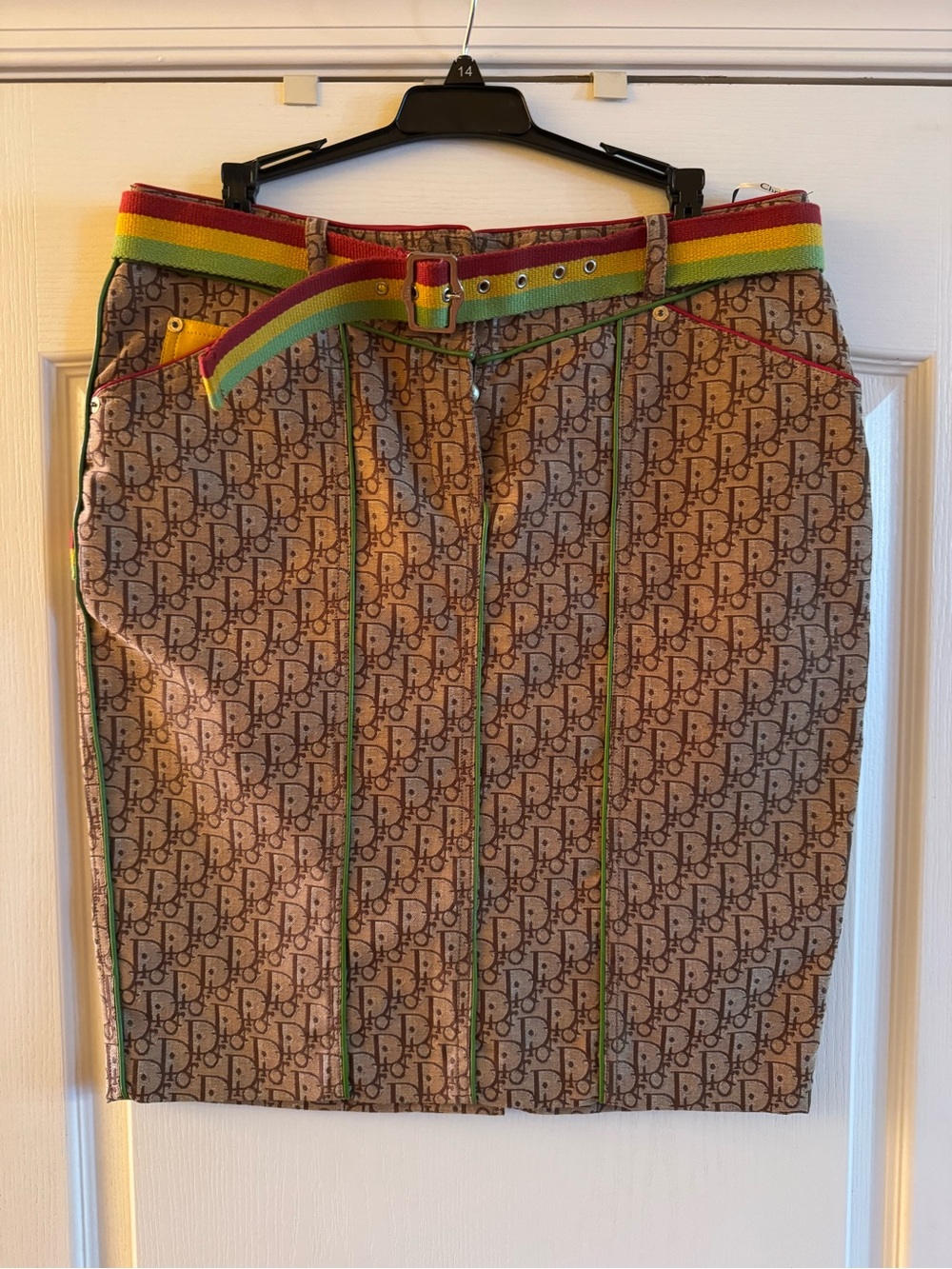 Dior Brown Monogram Pencil Skirt with Multicolor Stripe Belt